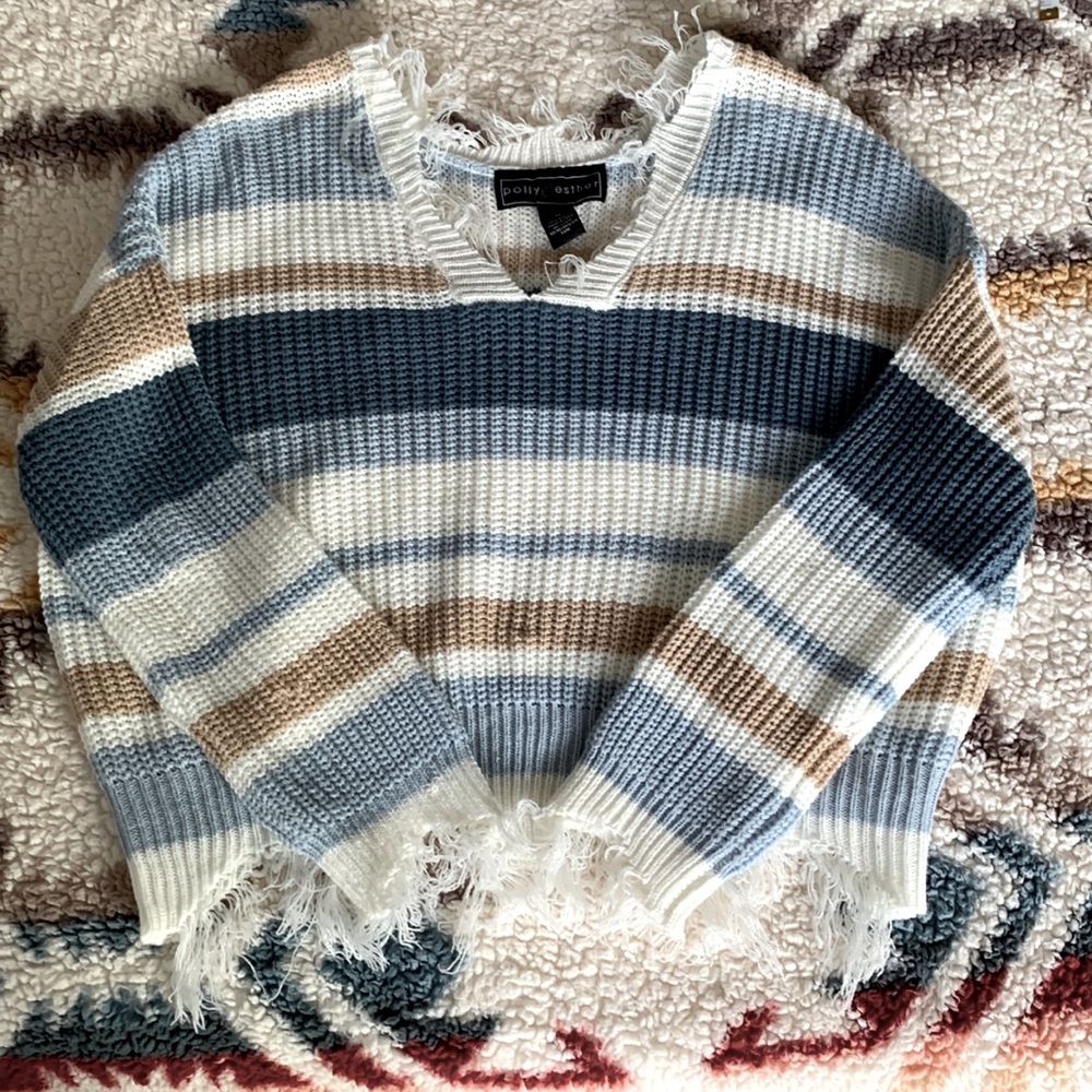 White, blue, and tan distressed knit sweater size M
